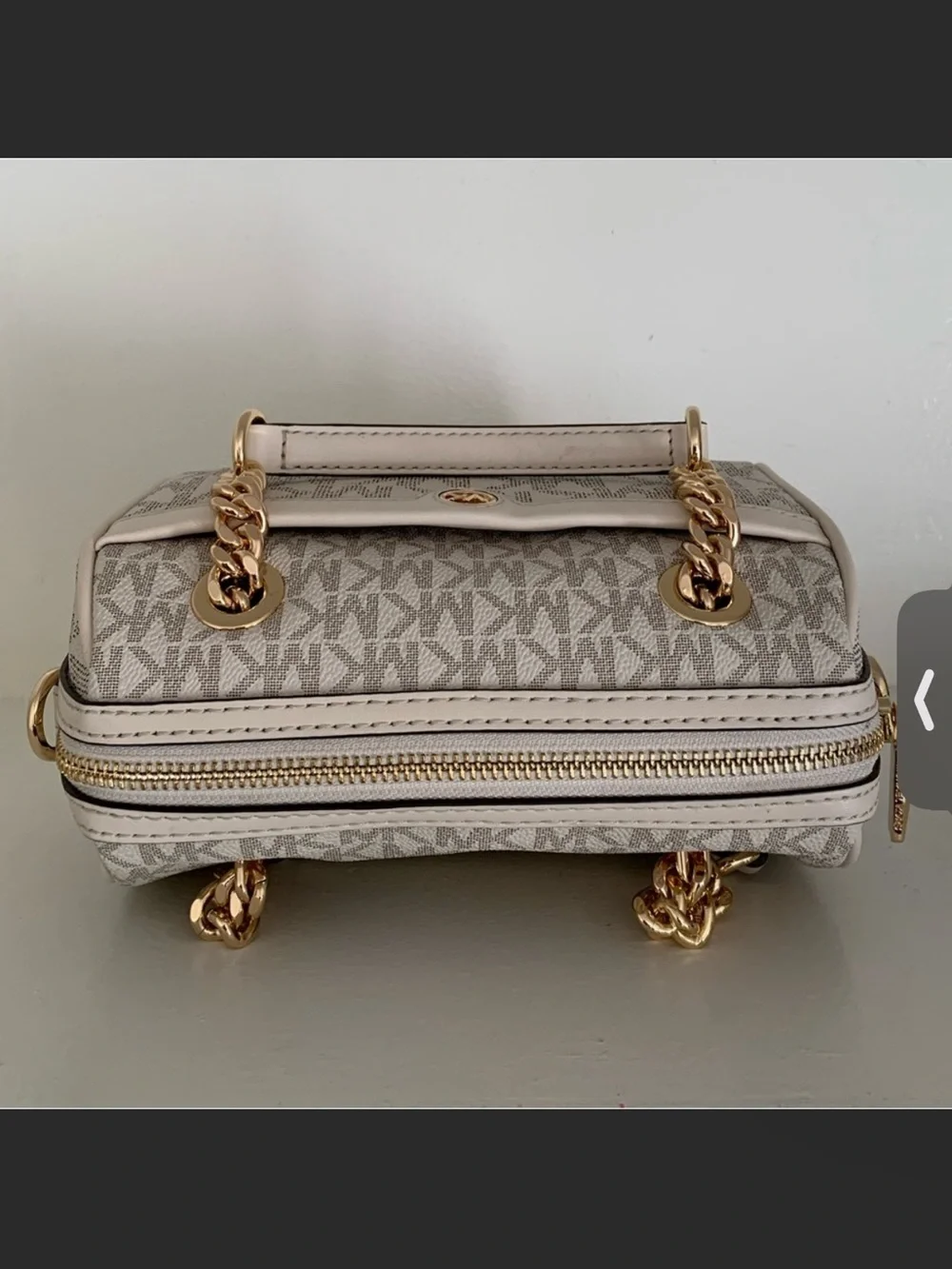 Michael Kors Cream and Beige Logo Satchel with Gold Chain Handles